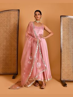 Bannhi - Pink Megha Hand Painted Anarkali With Pant and Dupatta