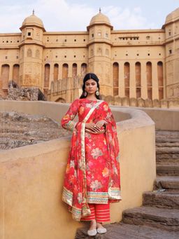 Bannhi by Priyanka Rathore - Coral Floral Printed Chanderi Kurta With Pant and Dupatta
