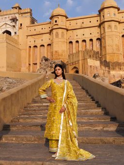 Bannhi by Priyanka Rathore - Olive Yellow Chanderi Kurta With Pant and Dupatta