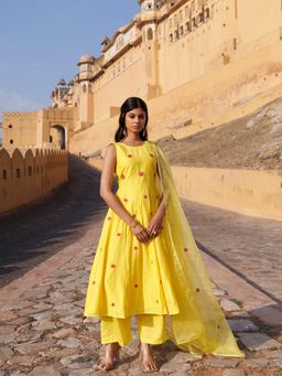 Bannhi by Priyanka Rathore - Yellow Kesar Gul Chanderi Anarkali With Pant and Dupatta