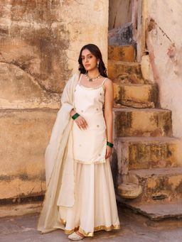 Bannhi by Priyanka Rathore - Ivory Crepe Strappy Kurta With Sharara and Dupatta