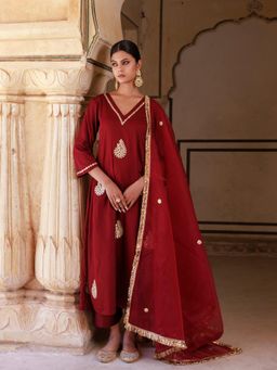 Bannhi by Priyanka Rathore - Maroon Cotton Silk Gota Patti Work Anarkali With Pant and Dupatta