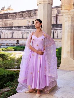 Bannhi - Lavender Aari Embroidered Strappy Cotton Silk Anarkali With Pant and Dupatta