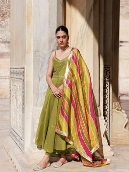 Bannhi - Green Aari Embroidered Dupion Silk Strappy Anarkali With Pant and Dupatta
