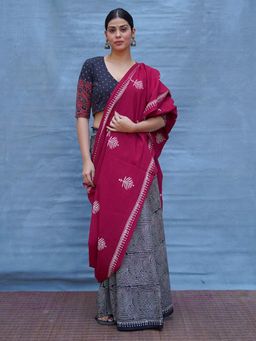 Chidiyaa - Maroon Pure Cotton Block Print Saree Without Blouse