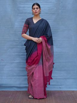 Chidiyaa - Black Pure Cotton Block Print Saree Without Blouse