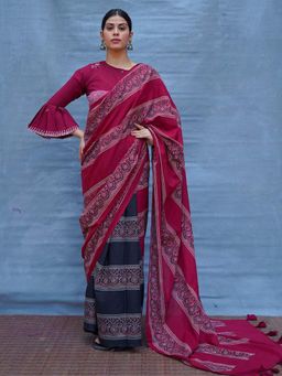 Chidiyaa - Maroon Pure Cotton Block Print Saree Without Blouse