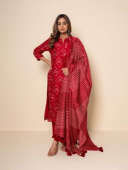 Kameez - Twilight Red Hand Print Chanderi Kurta with Pant and Dupatta