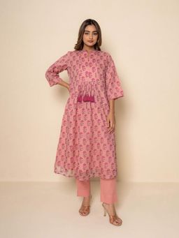 Kameez - Salmon Pink Hand Print Kota Doria Kurta with Pant
