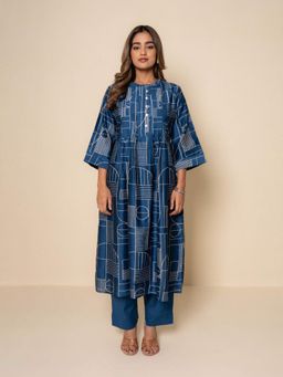 Kameez - Blue Mosaic Hand Print Chanderi Kurta with Pant