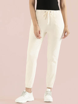 Go Colors - Cream Soft Cotton Blend Mid Rise Tapered Joggers for Women