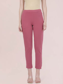 Go Colors - Pink Cotton Stretch Mid Rise Full Length Pant for Women