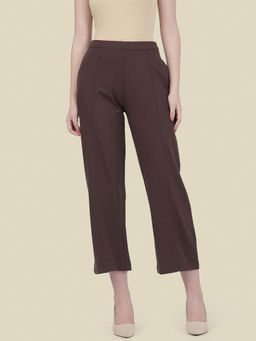Go Colors - Brown Rayon Blend Ponte Wide Mid Rise Full Length Pant for Women