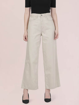 Go Colors - Off White Cotton Blend Twill High Rise Wide Jeans for Women