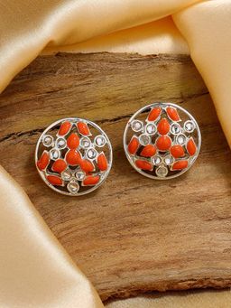 Estele - Rhodium Plated Alluring Kundan Stud Earrings with Orange Enamel for Women