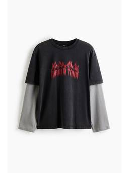 H&M - Men Black Relaxed Fit Printed Long-Sleeved Cotton T-Shirt