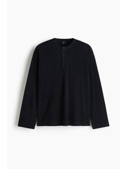 H&M - Men Black Relaxed Fit Ribbed Henley T-Shirt