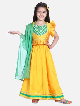 BownBee - Taffeta Booti Patch Lehenga Choli- Yellow (Set of 3)
