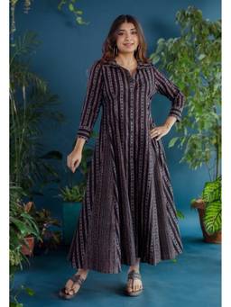 The Indian Ethnic Co. - Susan Black Ajrakh Cotton A Line Dress
