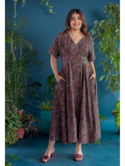 The Indian Ethnic Co. - Reema Brown Ajrakh Cotton A Line Dress