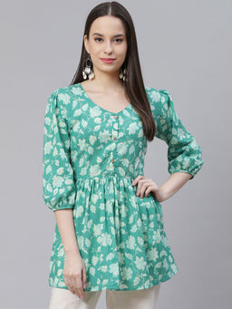 Divena - Green Floral Printed Peplum Cotton Top