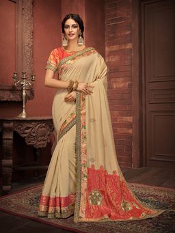 Odette - Beige Silk Georgette Brocade Designer Saree with Unstitched Blouse