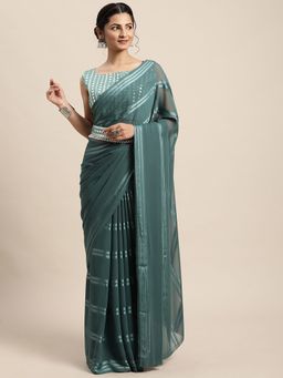 Sareemall - Womens Georgette Teal Blue Solid Belted Saree with Embellished Unstitched Blouse Piece