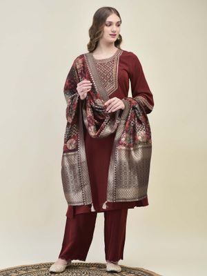 Maroon - Mercerised Cotton Dharwad Kurta Set with Palazzo & Dupatta 02