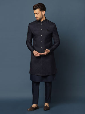Royal Blue Matka Silk Worked Short Sherwani With Kurta and Trouser