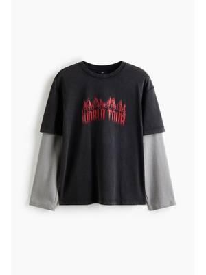 H&M Men Black Relaxed Fit Printed Long-Sleeved Cotton T-Shirt