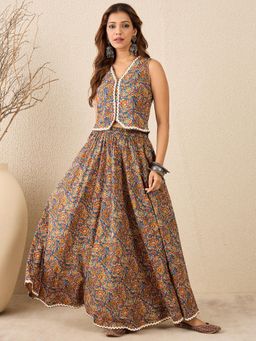 WineRed - Womens Printed Lace Detailed Waistcoat with Skirt