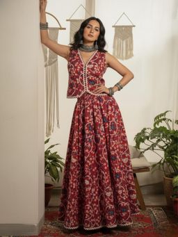 WineRed - Women Red Cotton Printed Lace detailing Waistcoat with Skirt