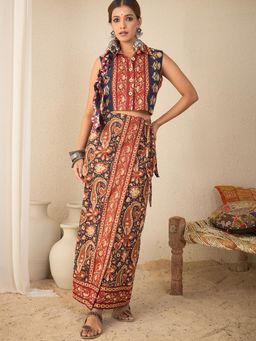 WineRed - Womens Ethnic Printed Sleeveless Crop Shirt and Tie-Up Wrap Skirt Set