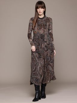 Label Ritu Kumar - Brown Blue Crew Neck Midi Dress with Belt