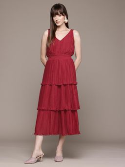 Label Ritu Kumar - Red Fashion Flair V Neck Midi Dress