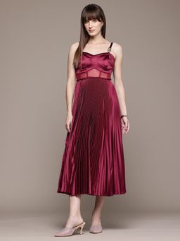 Label Ritu Kumar - Wine Grace Shoulder Straps Sweetheart Neck Midi Dress