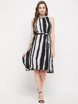 Styli - Womens Georgette Black and White Dress with Belt