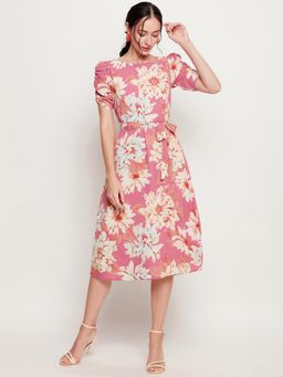 Styli - Womens Georgette With Rayon Lining Floral Pink and White Midi Dress with Belt