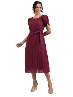Styli - Womens Polyester Net Embroidered Maroon Midi Dress with Belt