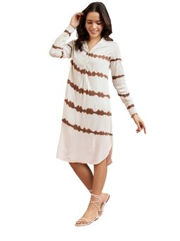 Styli - Womens Rayon Tie and Dye Off White and Brown Midi Dress