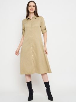 Styli - Womens Polyrayon Twill Khaki Midi Dress