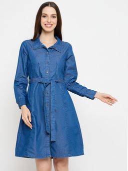 Styli - Womens Denim Blue Dress with Belt