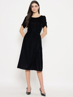 Styli - Womens Velvet Black Midi Dress with Belt