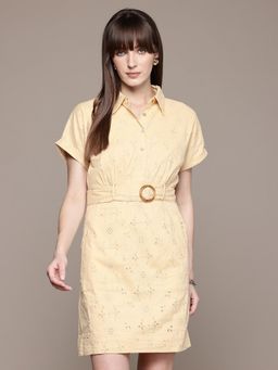Label Ritu Kumar - Yellow Fashion Flair Collar Neck Short Dress With Belt