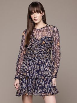 Label Ritu Kumar - Round Neck Full Sleeves Printed Short Dress