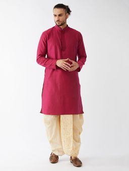 Vastramay - Mens Pink Solid Kurta with Embroidered Traditional Dhoti (Set of 2)