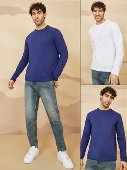 Styli - Men Blue and White Pure Cotton Solid Long Sleeve Regular Tee - Multi-Color (Pack of 2)