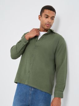 Styli - Men Textured Collar Long Sleeve Regular Shirt - Green