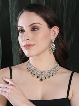 Auraa Trends - Rhodium Plated Triangular Shaped American Diamond Studded Jewellery Set For Women