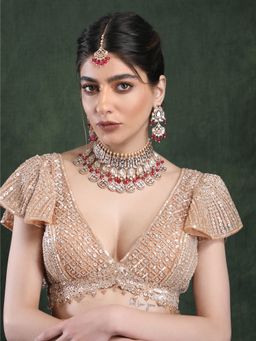 Auraa Trends - 22Kt Gold Plated Kundan Red Beads Jewellery Set